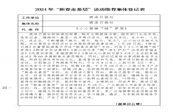 商洛日報社推薦參評 2024年“新春走基層”活動先進集體、先進個人和優(yōu)秀作品評選結果的公示